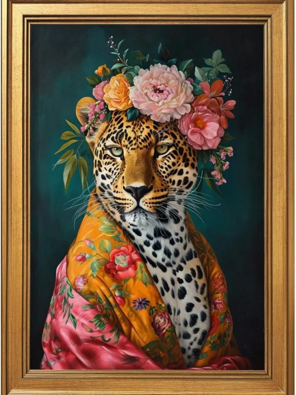 Colorful Floral Leopard Wall Art Canvas Print - Vintage Jungle Decor 12x16